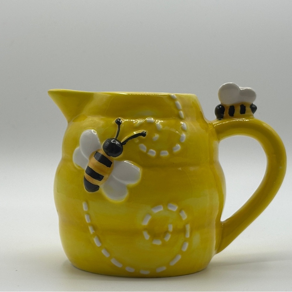 Pier 1 Imports Hand Painted Dolomite‎ Yellow Bee Honeycomb Creamer - Picture 6 of 15